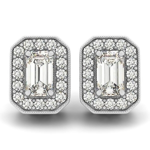 Diamond Emerald-cut Halo Stud Earrings 18k White Gold 0.90ct - All
