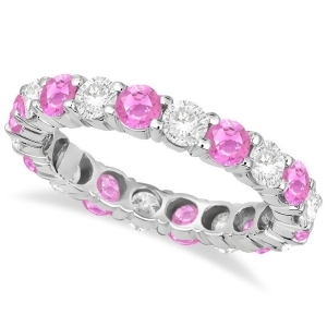 Eternity Diamond and Pink Sapphire Ring Band 14k White Gold 3.50ct - All