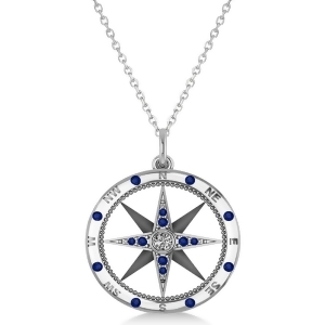 Compass Pendant Blue Sapphire and Diamond Accented 14k White Gold 0.19ct - All