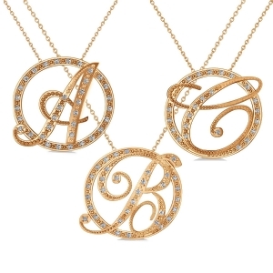 Diamond Circle Script Initials Pendant Necklace 14k Rose Gold - All