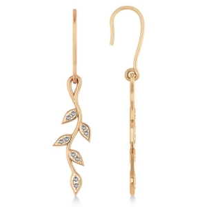 Diamond Olive Vine Leaf Drop Earrings 14k Rose Gold 0.20ct - All