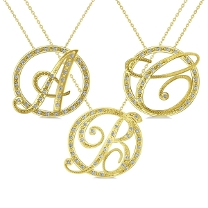 Diamond Circle Script Initials Pendant Necklace 14k Yellow Gold - All