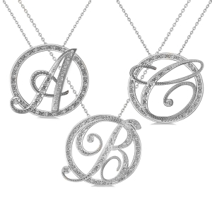 Diamond Circle Script Initials Pendant Necklace 14k White Gold - All