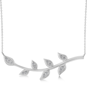 Diamond Olive Vine Leaf Necklace 14k White Gold 0.15ct - All
