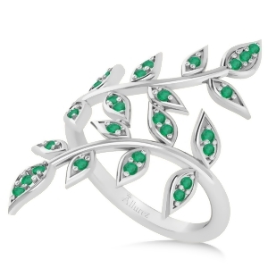 Emerald Olive Leaf Vine Fashion Ring 14k White Gold 0.28ct - All