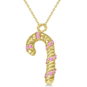 Pink Sapphire Candy Cane Pendant Necklace 14k Yellow Gold 0.07ct - All