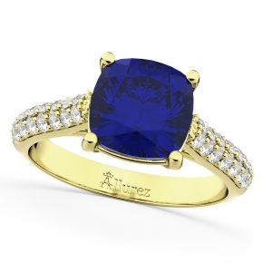 Cushion Cut Blue Sapphire and Diamond Ring 14k Yellow Gold 4.42ct - All