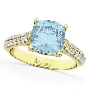 Cushion Cut Aquamarine and Diamond Engagement Ring 14k Yellow Gold 4.42ct - All