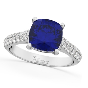 Cushion Cut Blue Sapphire and Diamond Ring 14k White Gold 4.42ct - All