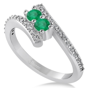 Emerald Two Stone Ring w/Diamonds 14k White Gold 0.50ct - All