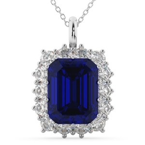 Emerald Cut Blue Sapphire and Diamond Pendant 14k White Gold 5.68ct - All