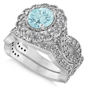 Diamond and Aquamarine Flower Halo Bridal Set 14k White Gold 2.22ct - All