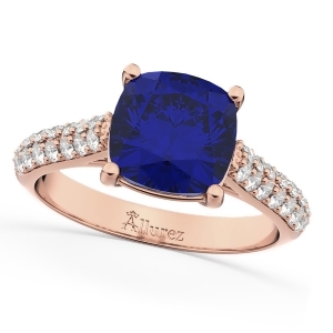 Cushion Cut Blue Sapphire and Diamond Ring 14k Rose Gold 4.42ct - All