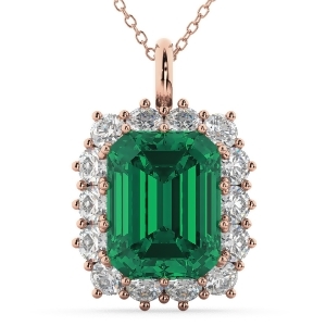 Emerald Cut Emerald and Diamond Pendant 14k Rose Gold 5.68ct - All