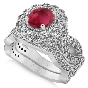 Diamond and Ruby Flower Halo Bridal Set 14k White Gold 2.22ct - All