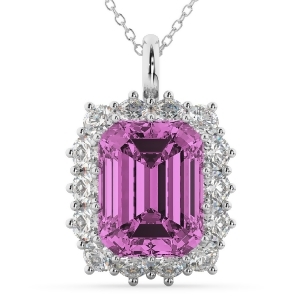 Emerald Cut Pink Sapphire and Diamond Pendant 14k White Gold 5.68ct - All