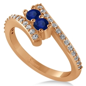 Blue Sapphire Two Stone Ring w/Diamonds 14k Rose Gold 0.50ct - All