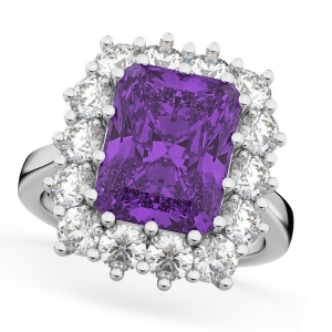 Emerald Cut Amethyst and Diamond Lady Di Ring 14k White Gold 5.68ct - All