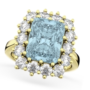 Emerald Cut Aquamarine and Diamond Lady Di Ring 14k Yellow Gold 5.68ct - All