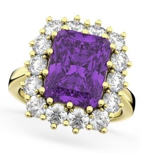 Emerald Cut Amethyst and Diamond Lady Di Ring 14k Yellow Gold 5.68ct - All