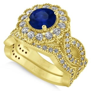 Diamond and Blue Sapphire Flower Halo Bridal Set 14k Yellow Gold 2.22ct - All