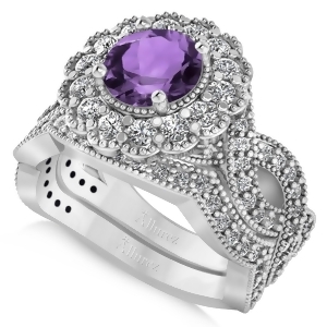 Diamond and Amethyst Flower Halo Bridal Set 14k White Gold 2.22ct - All