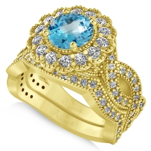 Diamond and Blue Topaz Flower Halo Bridal Set 14k Yellow Gold 2.22ct - All