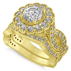 Diamond Flower Halo Engagement Bridal Set 14k Yellow Gold 2.22ct - All