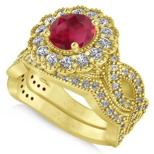 Diamond and Ruby Flower Halo Bridal Set 14k Yellow Gold 2.22ct - All