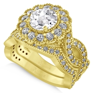 Diamond and White Topaz Flower Halo Bridal Set 14k Yellow Gold 2.22ct - All