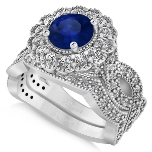 Diamond and Blue Sapphire Flower Halo Bridal Set 14k White Gold 2.22ct - All