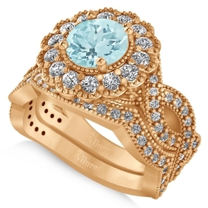 Diamond and Aquamarine Flower Halo Bridal Set 14k Rose Gold 2.22ct - All