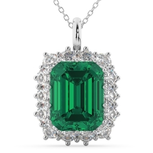 Emerald Cut Emerald and Diamond Pendant 14k White Gold 5.68ct - All