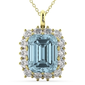 Emerald Cut Aquamarine and Diamond Pendant 14k Yellow Gold 5.68ct - All