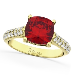 Cushion Cut Ruby and Diamond Engagement Ring 14k Yellow Gold 4.42ct - All