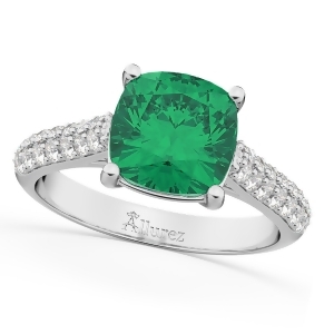 Cushion Cut Emerald and Diamond Engagement Ring 14k White Gold 4.42ct - All