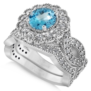 Diamond and Blue Topaz Flower Halo Bridal Set 14k White Gold 2.22ct - All