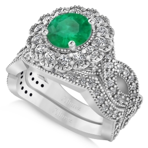 Diamond and Emerald Flower Halo Bridal Set 14k White Gold 2.22ct - All