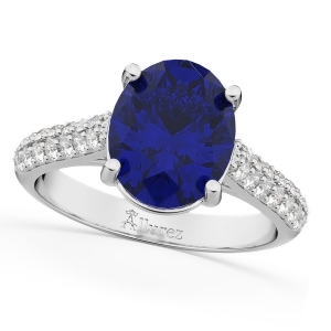 Oval Blue Sapphire and Diamond Engagement Ring 14k White Gold 4.42ct - All