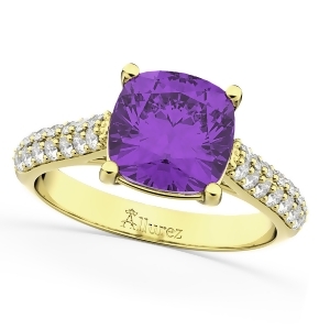 Cushion Cut Amethyst and Diamond Engagement Ring 14k Yellow Gold 4.42ct - All