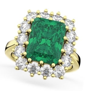 Emerald Cut Emerald and Diamond Lady Di Ring 14k Yellow Gold 5.68ct - All