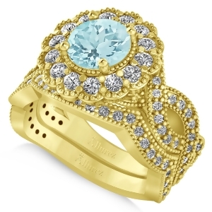 Diamond and Aquamarine Flower Halo Bridal Set 14k Yellow Gold 2.22ct - All