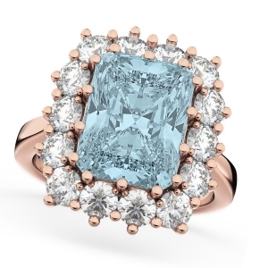 Emerald Cut Aquamarine and Diamond Lady Di Ring 14k Rose Gold 5.68ct - All