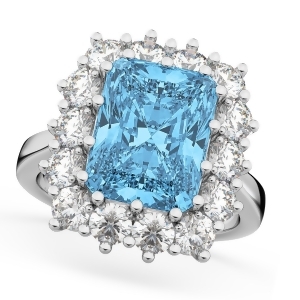 Emerald Cut Blue Topaz and Diamond Lady Di Ring 14k White Gold 5.68ct - All