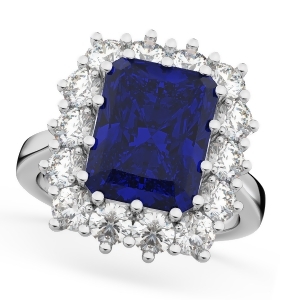 Emerald Cut Blue Sapphire and Diamond Lady Di Ring 14k White Gold 5.68ct - All