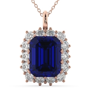 Emerald Cut Blue Sapphire and Diamond Pendant 14k Rose Gold 5.68ct - All