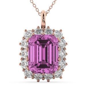 Emerald Cut Pink Sapphire and Diamond Pendant 14k Rose Gold 5.68ct - All
