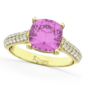 Cushion Cut Pink Sapphire and Diamond Ring 14k Yellow Gold 4.42ct - All