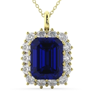 Emerald Cut Blue Sapphire and Diamond Pendant 14k Yellow Gold 5.68ct - All