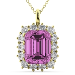 Emerald Cut Pink Sapphire and Diamond Pendant 14k Yellow Gold 5.68ct - All